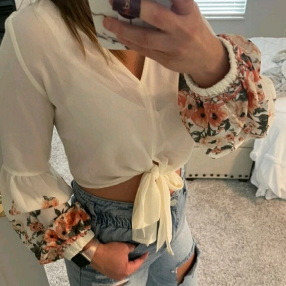 Floral Cream Color Chiffon Crop Top - Picture 8 of 8